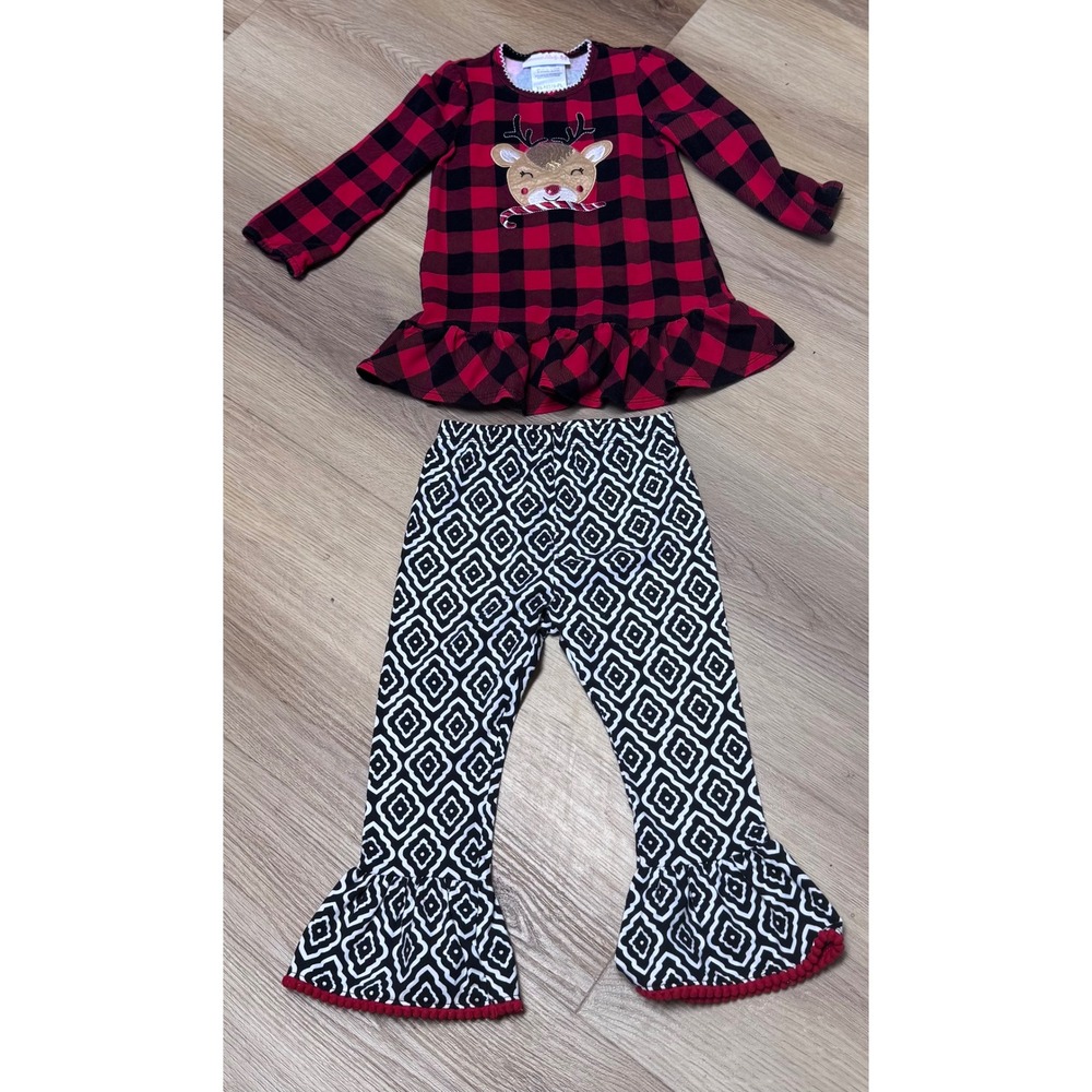 Bonnie Baby Christmas Reindeer Buffalo Plaid Tunic & Bell Bottom Pants Set 24M